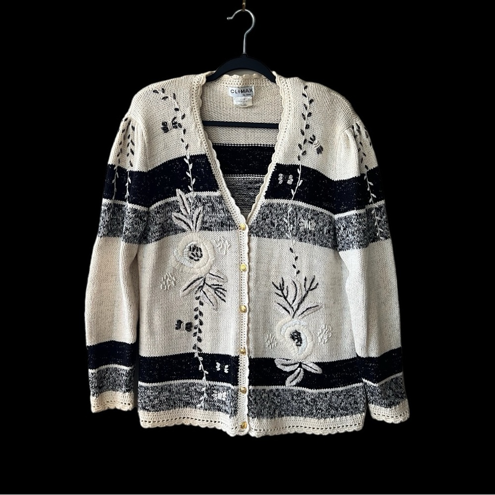 Climax by Sacha Vintage Cream & Black Embroidered Sparkly Knit Cardigan XL